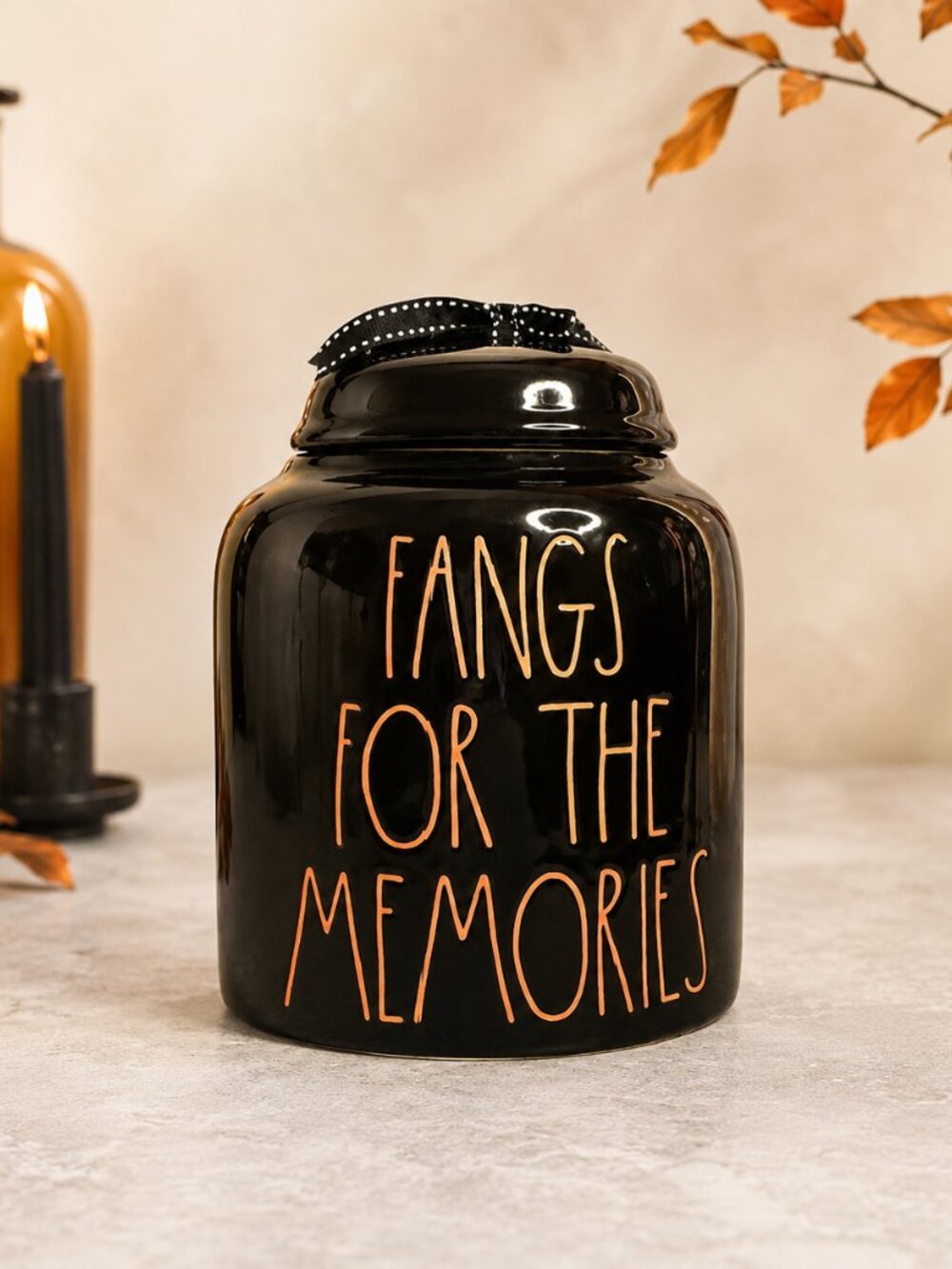 Rae Dunn Fangs for the Memories Halloween Black Canister NWT